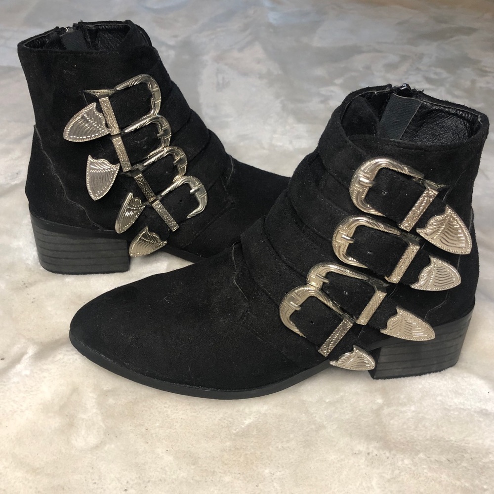 Black Suede Western Boho Buckle Strappy Almond Toe Ankle Booties Size 6.5 (37)